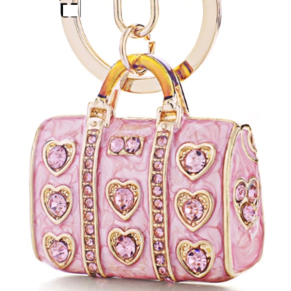 Enamel Pink Crystal Heart Handbag Charm, Key Chain - Picture 1 of 5